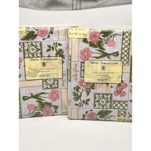 2 New Vinyl Tablecloth 52” x 70” Flannel Back Floral Green Pink White Yellow